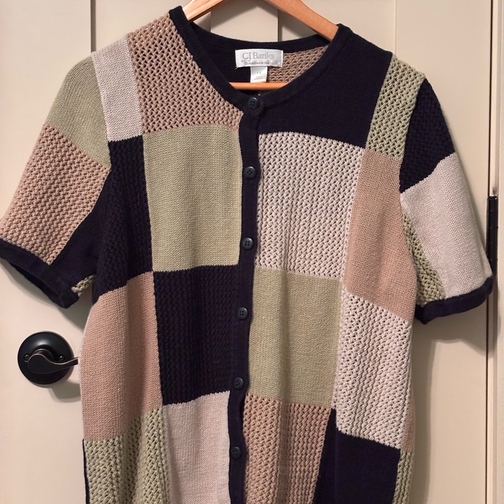 CJ Banks Black and Cream Cardigan with Textured Patchwork Design